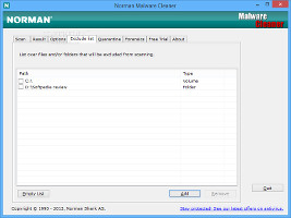 Showing the exclusion list in Norman Malware Cleaner